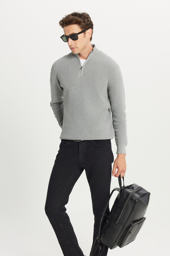 AC&Co / Altınyıldız Classics Men's Gray Melange Cotton Zippered Bato Collar Jacquard Standard Fit Regular Cut Knitwear Sweater