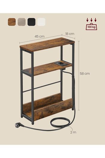 VASAGLE Narrow Table with Socket and USB Charging Ports, 3 Shelves, 45x18x58 cm, Rustic Brown