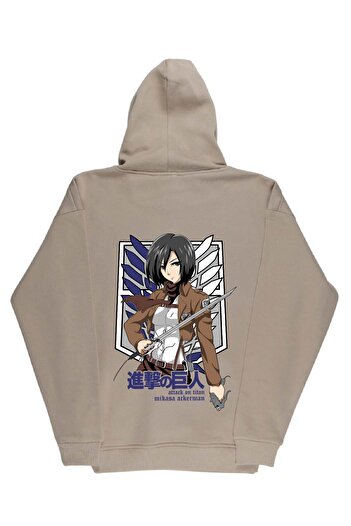 By Caspita Fashion Lenithra Attack on Titan Mikasa Anime με στάμπα Unisex Oversize μπεζ κουκούλα