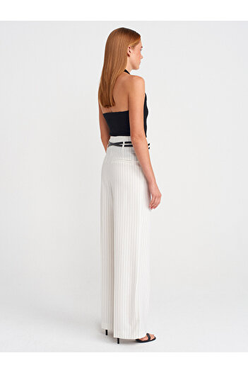Dilvin 72153 Belted High Waist Trousers-White