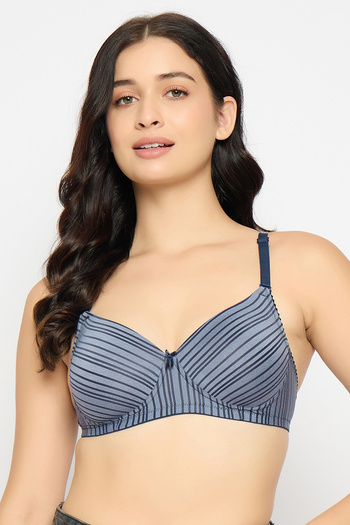 Clovia Padded Non-Wired Full Coverage Self Striped Multiway T-shirt Bra in Grey