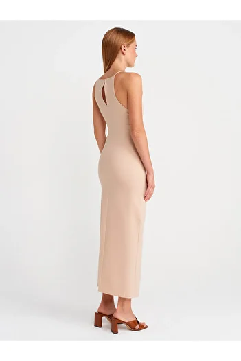 Dilvin 91502 Halter Neck Midi Dress-Beige