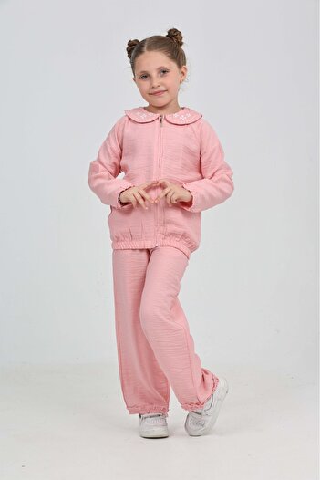 Toontoy Girl's Collar Embroidered Tracksuit Set