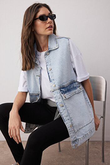 Trendyol Collection Indigó ing gallér zseb részletes 100% pamut farmer mellény dzseki TCTAW22CK0006