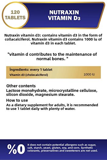 Nutraxin Vitamin D3 - 120 Tablets, 1,000 Iu, Pack of 4
