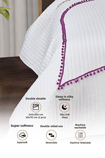Evlen Home Collection Kalbim Pom-Pom Bedspread Set Double Quilted Pique Set Fiber Filled Cream-Lilac