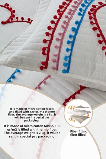 Evlen Home Collection Hale Colored Single Pompom Bedspread - 100% Cotton, Heart Pique Set