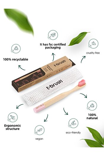 TBRUSH Pink Natural Bamboo Vegan Toothbrush - Soft (soft) + Stainless Steel Tongue Cleaner