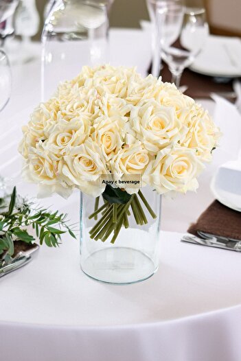 Yapay Çiçek Deposu Bunch of 10 Luxury Roses 25 Cm Cream
