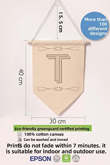 Postifull Children's Room Decor, Wall Ornament, Wooden Baby Room Decor, Canvas Pennant, Boho Monogram Letter T
