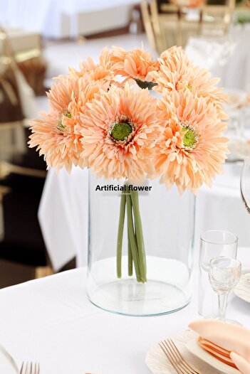 Yapay Çiçek Deposu Artificial Flower 6-Piece Quality Fringed Large Gerbera Bouquet Salmon