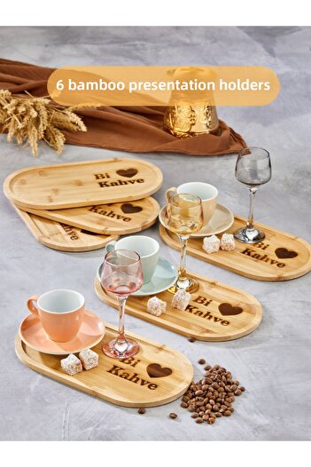 EMBazaar Set of 6 Bamboo Coffee Presenters – Oval, Heart Pattern, Bi Coffee