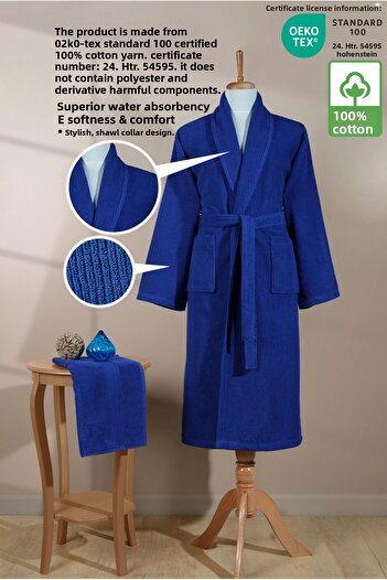 Ellaline Striped Bathrobe Set 100% Cotton Certified 2 Pieces, Shalyaka Bathrobe and Head Towel Set Navy Blue