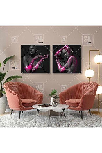 SML TABLO Woman Flowing Blue Paints Cyan Decor Double Combination 2 Piece Canvas Painting