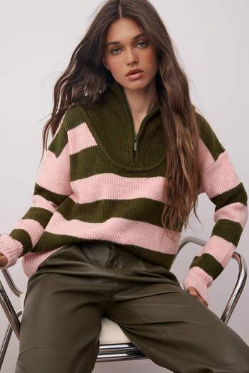 Trendyol Collection Khaki Soft Textured Striped Wide Fit Knitwear Sweater Twoaw26Kz00130