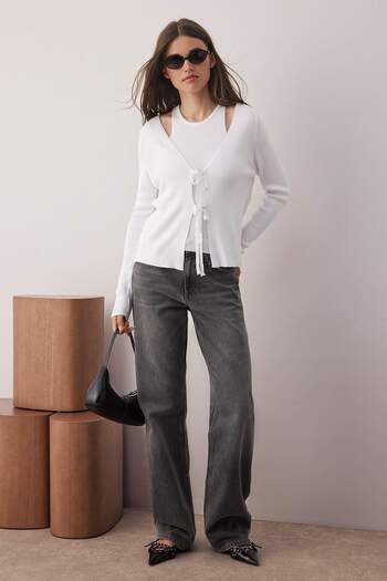 Trendyol Collection Bone Mercerized Look 2-Piece Knitwear Cardigan-Blouse Set Twoaw26Hi00035