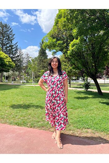 Sobe Hediyelik Pink Patterned V-Neck Casual Summer Dress – Asymmetric Cut 38-50 Size Compatible