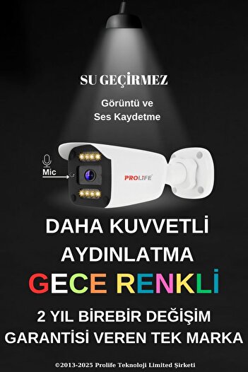 PROLİFE 4 Lü Sesli Güvenlik Kamerası 8 Girişli Kayıt Cihazı 5 Mp Gece Renkli Yüz Ve Araç Algılamalı Set