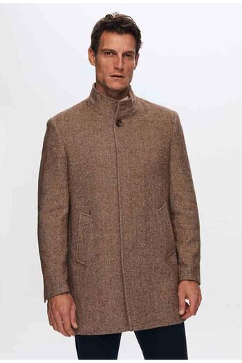 D'S Damat Regular Fit Brown Herringbone Turtleneck Coat