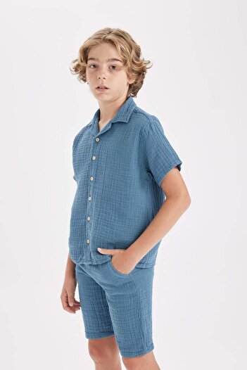DeFacto Erkek Çocuk Oversize Geniş Kalıp Polo Yaka Müslin Kısa Kollu Gömlek W3239A624HS