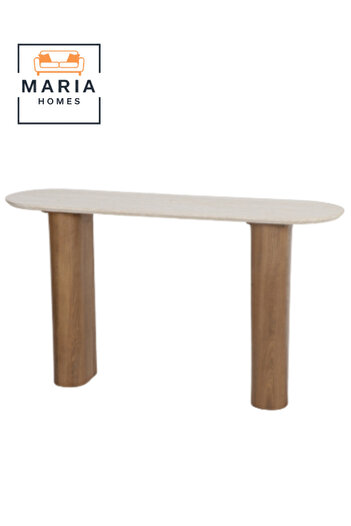 MARIA HOMES Modern Console Table – Beige Marble Top with Brown Wood Legs – 140x40x80 cm
