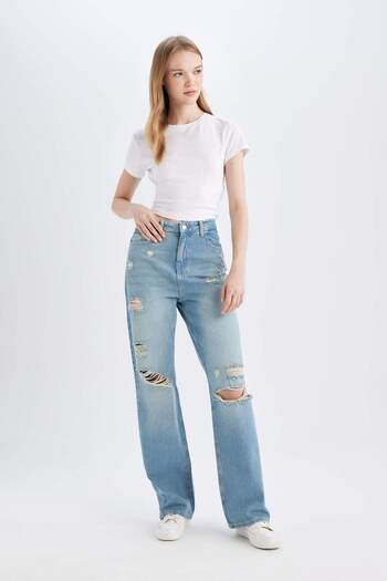 DeFacto 90S Wide Leg High Waist Wide Leg Ripped Detail Long Jean Pants C8608Ax24Hs