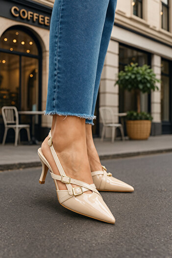 Nstil Cream Women's Pointed Toe Adjustable Buckle Open Back Thin Heeled Classic Shoes 922