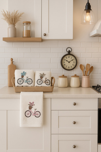 AYHANHOME Set de 3 prosoape de bucătărie 30x50 cadou zestre cu model de bicicletă într-un coș din răchită