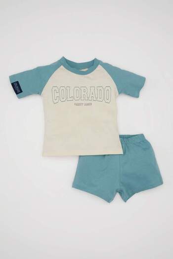 DeFacto Printed Combed Cotton T-Shirt and Shorts 2 Piece Set for Baby Boy - C5919a524sm