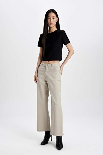 DeFacto High Waist Wide Leg Culotte Gabardine Pants - Basic Model with Straight Pockets C7535Ax24Sm