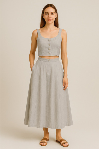 My Blog Gray Cotton Button Detailed Crop Vest Skirt Suit - 8361