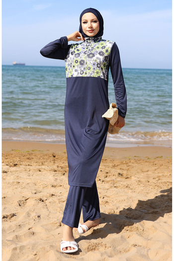 sefamerve Patterned Zippered Hijab Swimsuit with Bonnet 2506-01 Navy Blue Green