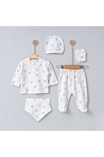 Convolantis Organic Fabric 100% Cotton 5 Piece Newborn Baby Girl Hospital Discharge Colorful Heart Bodysuit Set - Boxed