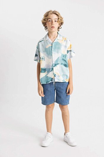 DeFacto Boy's Oversize Wide Fit Polo Neck Viscose Short Sleeve Shirt D1522A824Hs