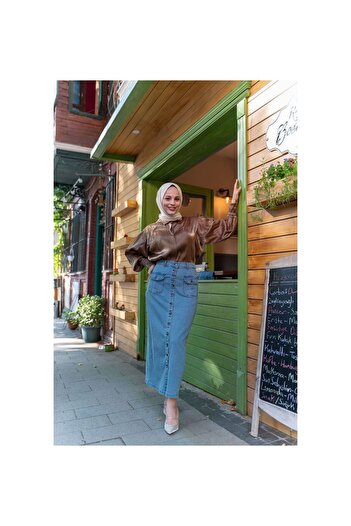 VELLICHOR Full Buttoned Hem Pocket Hijab Skirt Light Blue