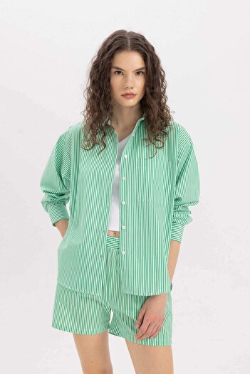 DeFacto Oversize Geniş Kalıp Çizgili Poplin Uzun Kollu Gömlek C8751AX24SM