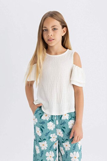 DeFacto Girls' Crew Neck Wrap Short Sleeve T-Shirt C6890A824Sm