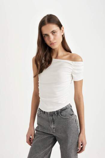DeFacto Tricou slim cu mânecă scurtă, cu un singur umăr, cu nervuri D1273ax24sm