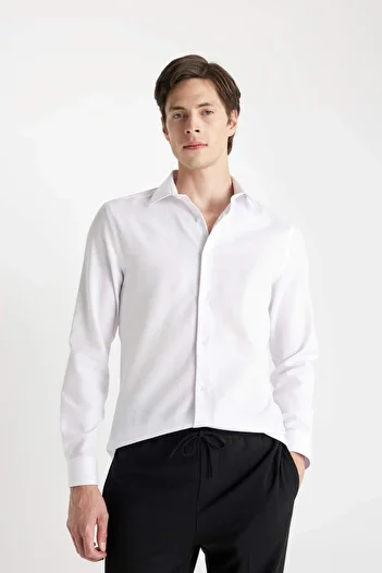 DeFacto Modern Fit Polokragen Popeline Langarm Weißes Hemd R4340AZNS