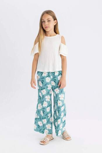 DeFacto Kız Çocuk Wide Leg Geniş Bol Paça Çiçekli Beli Lastikli Bürümcük Pantolon C5373A824SM