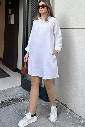NEW LAVİVA White Casual Muslin Dress - High Collar, Folded Wide Sleeve, Midi & Oversize Cut