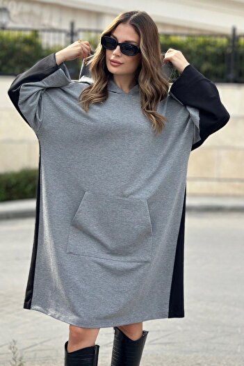 NEW LAVİVA Women's Black Hooded, Front and Back Different Color, Kangaroo Pocket, Loose-Oversize Dress