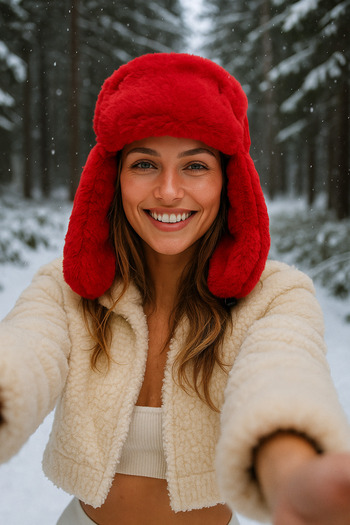 Luminos Butik Red Thick Plush Beret, Ear Protection Model, Winter Warm Hat Beanie1127