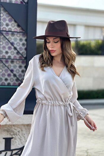 NEW LAVİVA Women's Beige Double Breasted Collar, Slit, Belted Waist, Elastic Ankles, Loose, Long Dress