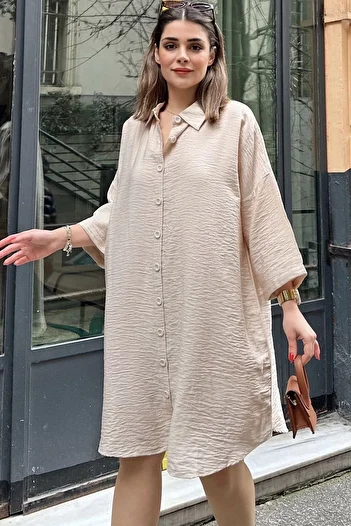 NEW LAVİVA Beige Loose Linen Midi Shirt Dress - Half Sleeve, Oval Skirt