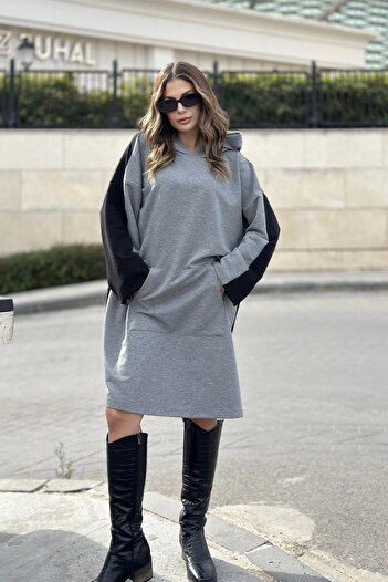 NEW LAVİVA Women's Black Hooded, Front and Back Different Color, Kangaroo Pocket, Loose-Oversize Dress