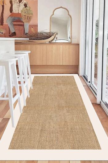 Decomia Home Dijital Kaymaz Yıkanabilir Jüt Görünümlü Beyaz Çerçeveli Salon Halısı Mutfak Halısı Yolluk
