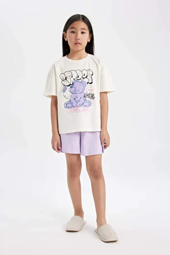 DeFacto Girls Pajamas Set Crew Neck Printed Short Sleeve Top Shorts C3375A824Sm