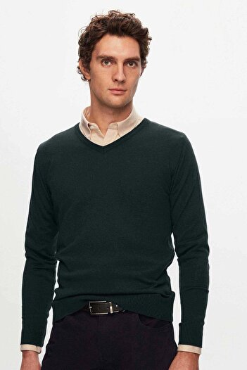 D'S Damat Ds Damat Regular Fit Khaki Plain V-Neck Sweater