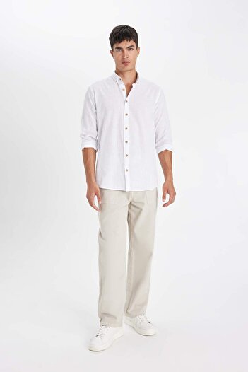 DeFacto 100% Cotton Modern Fit Button Polo Neck Linen Look Long Sleeve Shirt T6284Azns
